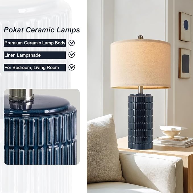 PoKat 24" Modern Ceramic Table Lamps Set of 2 for Bedroom, Blue Bedside Lamps for Night Stands, Farmhouse Desk Decor Nightstand Table Lamps for Living Room End Table Dark Blue - Bloomnest