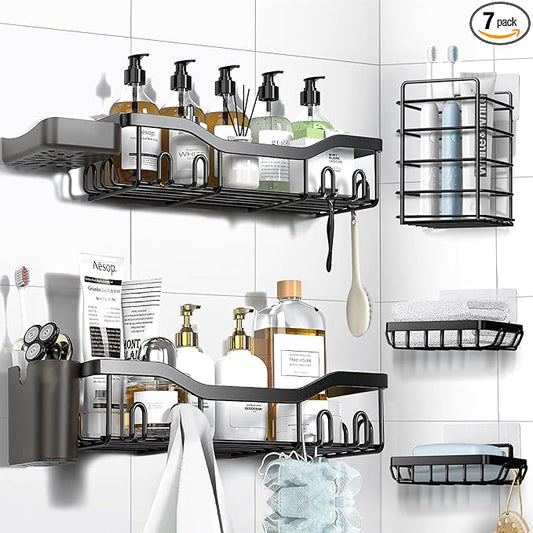 Shower Caddy Adhesive Shower Organizer 7-Pack, Rustproof Stainless Steel Bathroom Shelves, Large Capacity No-Drill Rack Storage Accessories with Soap Dish Toothbrush Holder &24 Hooks Home Decor - Bloomnest