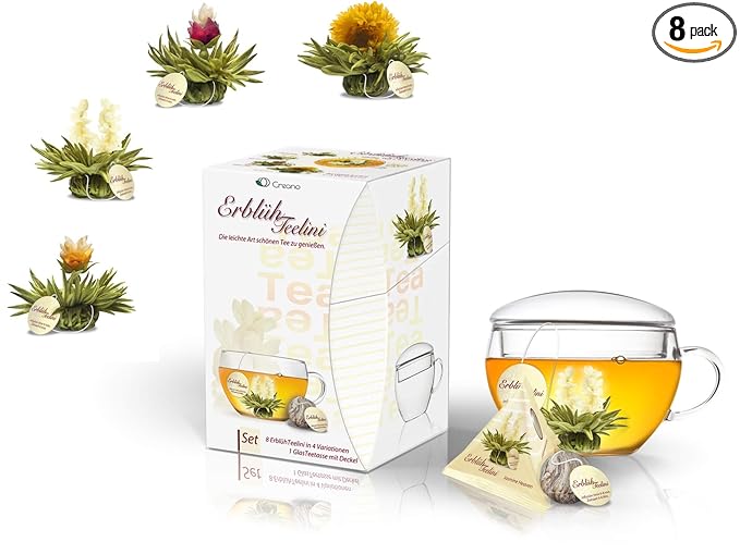 Creano Tea Gift Set Blooming Tea in Cup Size - 8 pcs Flowering White Tea with Glass Tea Cup - 7oz (200ml) - Bloomnest