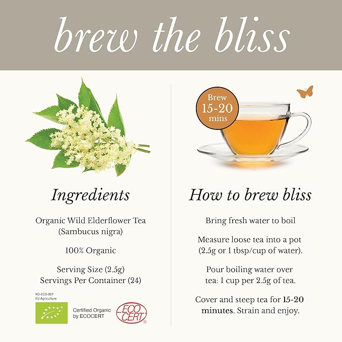 Wild Bliss Organic Elderflower Tea – Immune and Respiratory Support - Caffeine Free Loose Leaf Elder Flowers - 2.11 Ounces - 24 Servings - Bloomnest