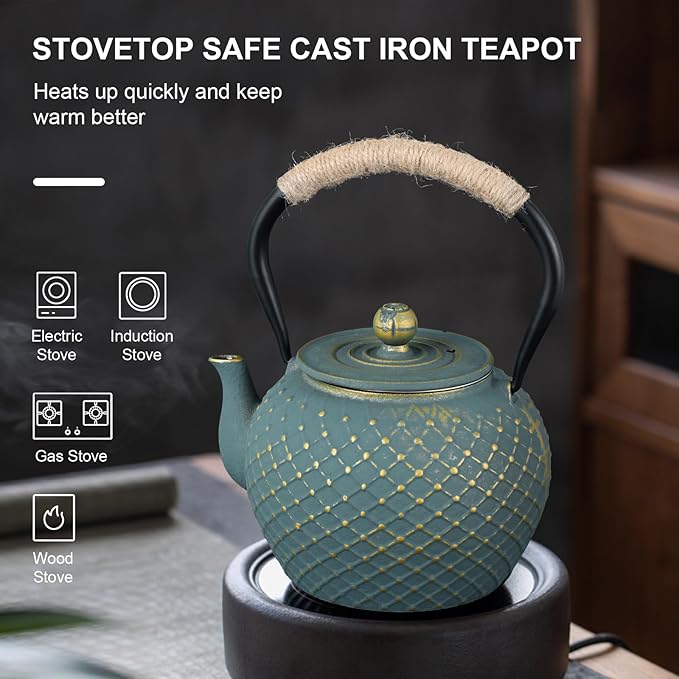 Ufine Japanese Style Cast Iron Teapot for Stove Top with Stainless Steel Infuser Loose Leaf Tetsubin Grid Design Blue Tea Kettle 40oz/1200ml - Bloomnest