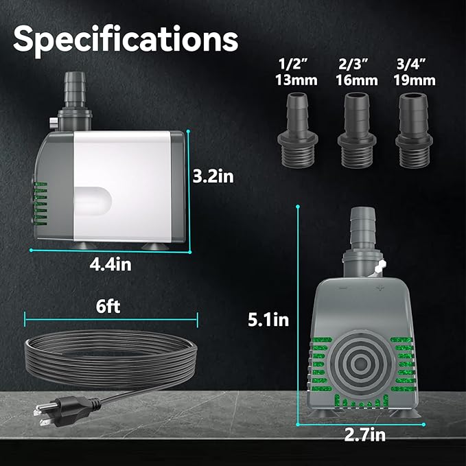 550GPH Submersible Water Pump, Fountain Pumps with Over Heating Protection Adjustable Flow Rate Desin 6.5ft High Lift for Fountains, Hydroponics, Ponds, Aquariums & More - Bloomnest