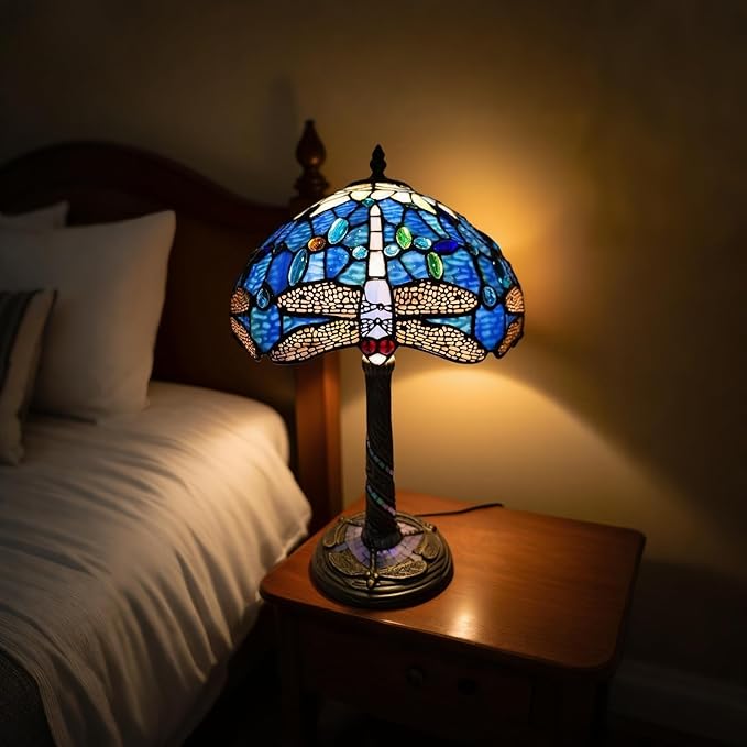 Tiffany-Style Table Lamp, 12" Blue Dragonfly Handmade Stained Glass Lamp Shade, Vintage Reading Light for Bedroom Living Room, LED Bulb Included - Bloomnest