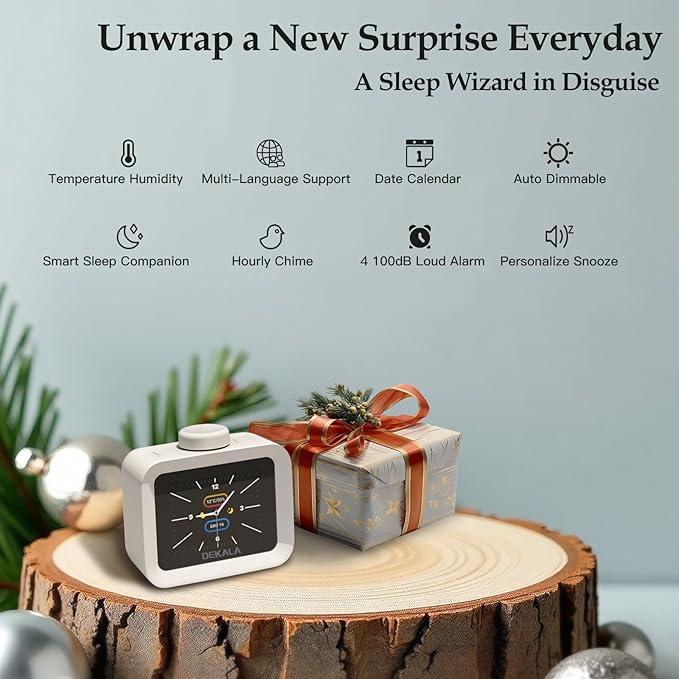 Dekala AuraDot 7-Day Programmable 4 Alarm Clock w/Temperature Humidity Monitor, White Noise Sound Machine for Sleep 30 Non-Loop Soothing Sounds, Timer/Play All Night, IPS Screen Sleep Animation,
