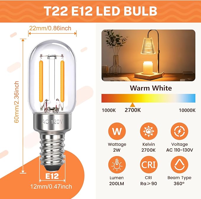 E12 LED Himalayan Salt Lamp Bulbs Night Light Bulbs 2 Watt Equal 25W Small Appliance Light Bulb Microwave Light Bulbs Under Hood 200LM 2700k T22-2 Pack - Bloomnest