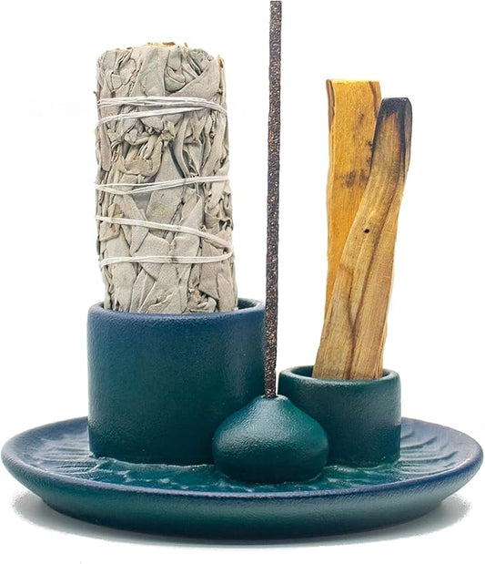 4 in 1 Ceramic Incense Holder, Palo Santo Stick Holder, Sage Holder for Burning, 5.2" Ash Catcher Tray for Meditation, Yoga & Home Decor (Blue)