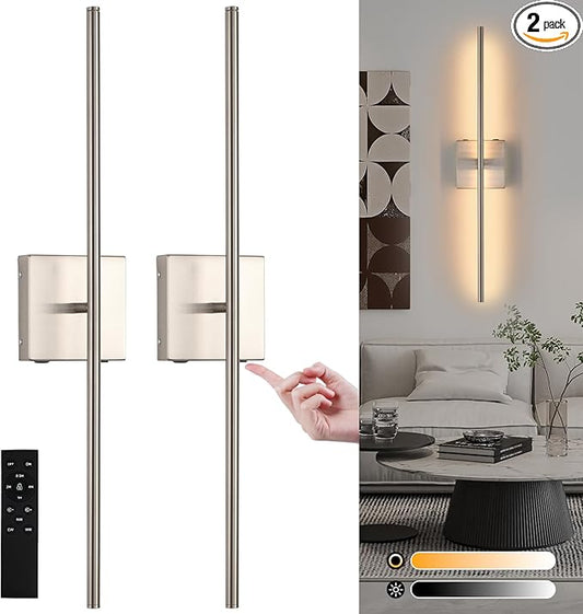 Rechargeable Battery Operated Wall Sconces set of 2, Brushed Nickel Wireless Wall Sconce with Remote Control, 3000K-6000K Dimmable LED Wall Light for Living Room Hallway Bedroom Stairs, 29 Inchs - Bloomnest