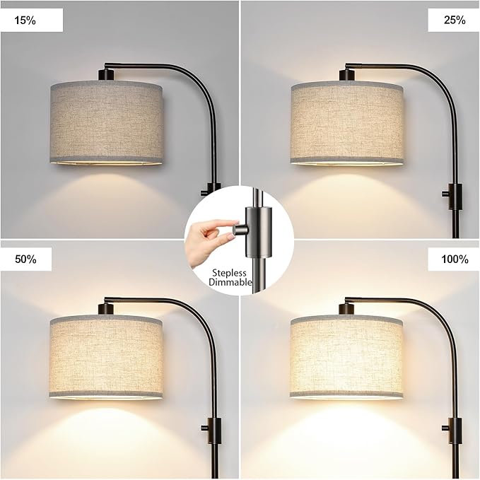 Upgraded Dimmable Floor Lamp, 1200 Lumens LED Bulb Included, Bronw Arc Floor Lamp with Linen Shade for Living Room, Bedroom, Reading Room, Nursery - Bloomnest