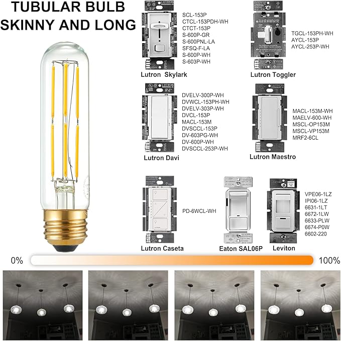 Arberlic 5 Inch Tubular Light Bulb,6W T10 LED Bulb Equivalent E26 led Bulb 60 watt dimmable,Neutral White 4000K,600lm,CRI85+,AC120V,Clear Glass Long E26 Edison Bulb,Flicker-Free,Pack of 6 - Bloomnest