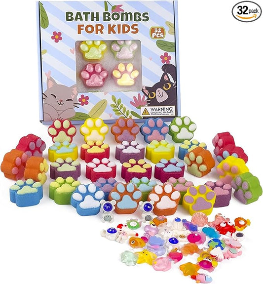 Bath Bombs for Kids with Surprise Inside, 32 Pack Paw Bath Bombs with Toy, Ocean Animals and Space Planet Toys SPA Fizzy Handmade Natural Bath Bomb Gift Set at Christmas, Birthday - Bloomnest