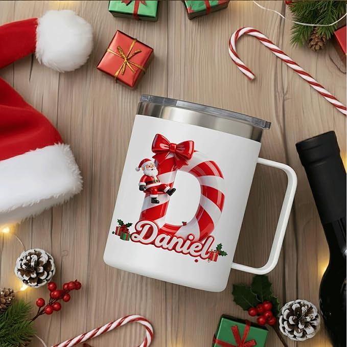 Personalized Christmas Mug | Custom Candy Cane Initial Insulated Cup with Handle & Lid | 12oz Holiday Tumbler, Cute Santa Gift for Kids, Boys & Girls (B36) - Bloomnest