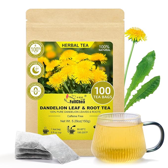 FullChea - Dandelion Leaf & Root Tea Bags, 100 Teabags, 1.5g/bag - Natural Dandelion Herbal Tea for Liver & Kidney Health - Non-GMO - Caffeine-free - Support Digestion & Boost Immune System - Bloomnest