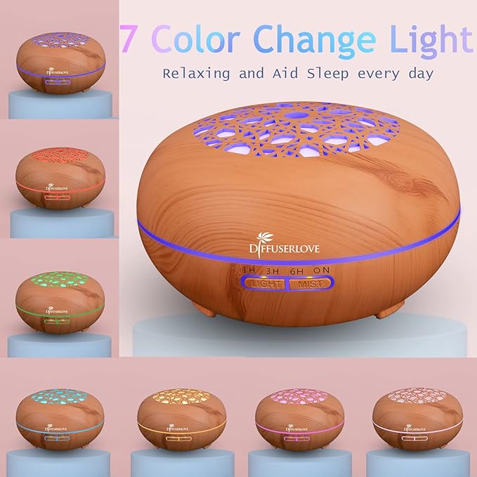 Diffuserlove Essential Oil Diffuser 550ML Diffuser Remote Control Wood Grain Aroma Diffuser Cool Mist Humidifier with 4 Timer, 7 Color LED Lights, Auto Shut-Off for Home Bedroom Office - Bloomnest