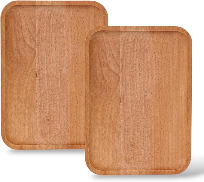 2 Pack Solid Wood Serving Platters and Trays of Natural with Edge,Rectangular Avoid Sliding and Spilling Food (Wood 10x7Inch) - Bloomnest