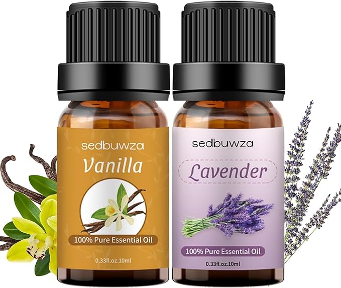 Sedbuwza Vanilla Lavender Essential Oil Set, Vanilla Fragrance Oil Lavender Scent Oil Set for Diffuser, Aromatherapy, Massage, Soap, Candle Making 2 x 10 ml Sedbuwza