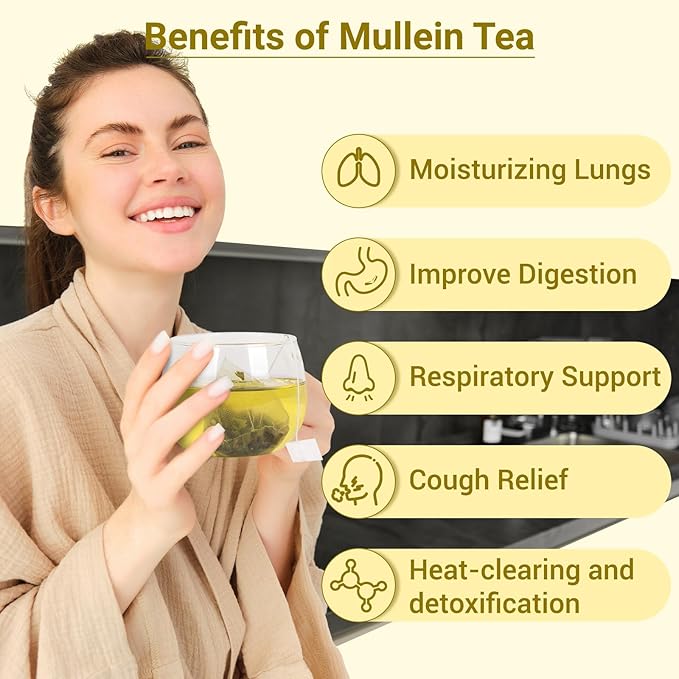 Mullein Tea Bags for Lungs, 100% Pure Mullein Leaf Tea for Lungs Cleanse and Respiratory Support, Caffeine Free, No Additives, Non-GMO (1 Pack/50 Bags) - Bloomnest