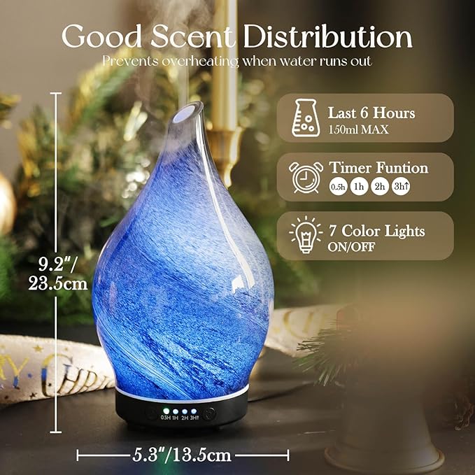 Porseme 150ml Essential Oil Diffuser Glass Color Changing Aroma Air Diffusers Aromatherapy Ultrasonic Cool Mist Humidifier 6 Running Hours Waterless Auto-Off for Sleeping Yoga Office Spa (Obsidian) - Bloomnest