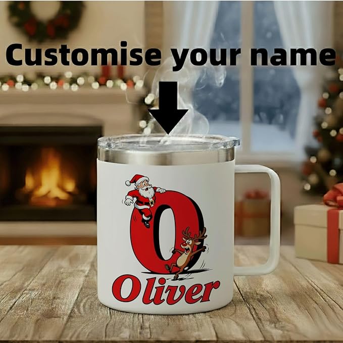 JugJug Personalized Christmas Mug with Initial & Name - Funny Falling Santa 12oz Insulated Coffee Cup w/Lid - Xmas Gifts for Kids, Girls, Family (B159) - Bloomnest