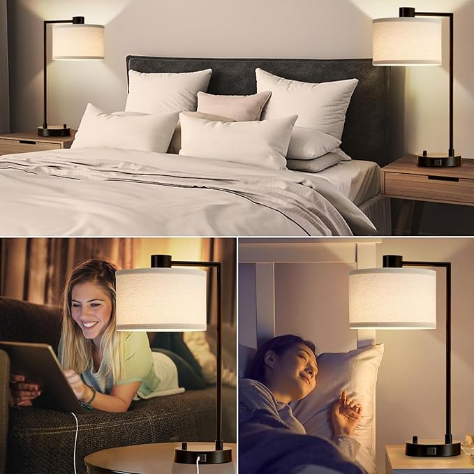 Luvkczc Table Lamp for Bedroom Set of 2 with USB C+A Ports, Fully Stepless Dimmable Bedside Lamp with Linen Lampshade, Contemporary Lamp for Living Room Reading Office, 2 LED Bulbs Included (Black) - Bloomnest