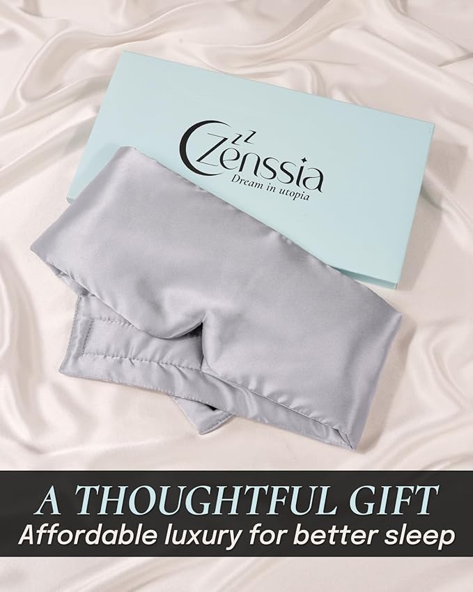 Zenssia Satin Sleep Mask for Women and Men, Lightweight Padded Eye Mask with Adjustable Strap, Comfort Blackout for Travel and Nap - Silver Grey