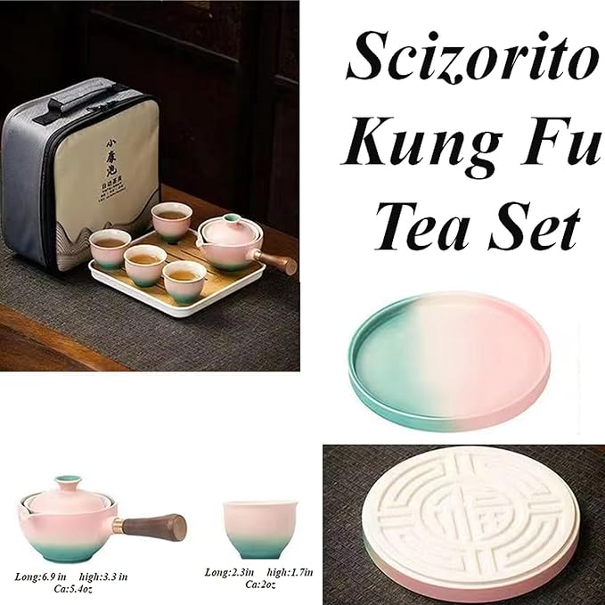 Ceramic Portable Travel Tea Set, Chinese Kungfu Tea Set with 360 Rotation Teapot and Infuser, 4 Tea Cups, Tea Tray And Travel Bag (Peach Red)