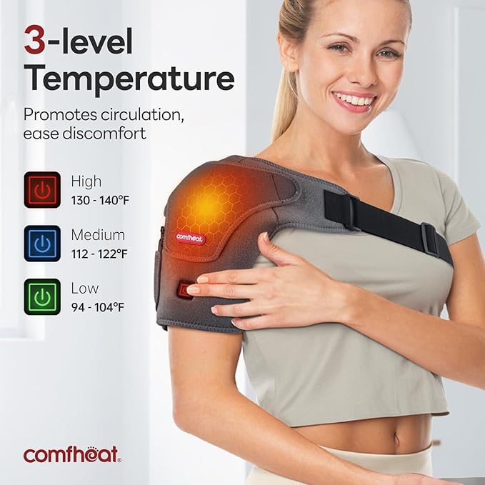 Cordless Shoulder Heating Pad for Rotator Cuff Pain Relief, Heated Shoulder Brace Compression Wrap Portable with Battery, 3 Heat Settings, Easy Wear Fits Men & Women (S to L)
