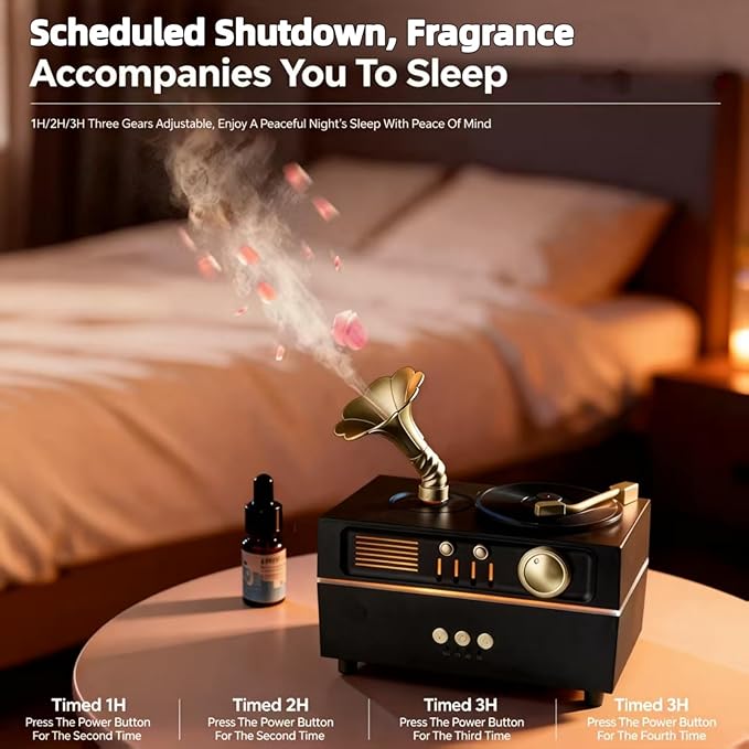 Daroma Essential Oil Diffuser, Retro Phonograph Design with Music Player, 7-Color LED Lights, Low-Noise Aromatherapy Humidifier for Home Office, Unique Gift Idea (Black) DaromaLife