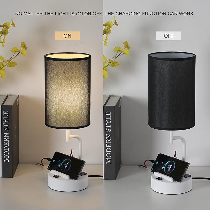 Dreamholder Table Lamp with 3 USB Charging Ports, Modern Desk Lamp with AC Outlet and Phone Stands, Perfect Bedside Lamp for Bedroom, Living Room, Office (Pack of 2), White&Black - Bloomnest