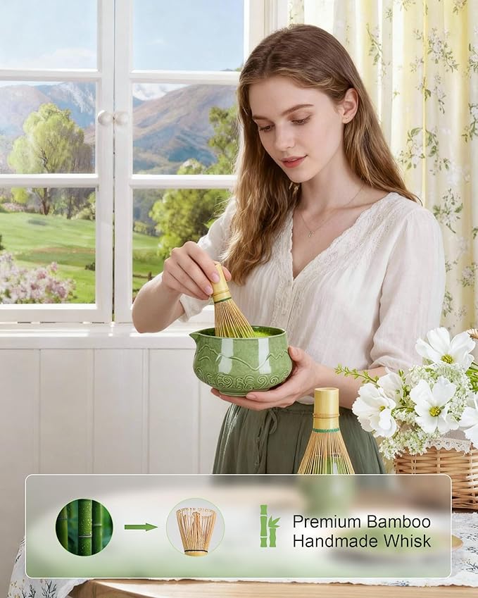 ZENS Matcha Whisk Set, 17oz Ceramic Matcha Set Includes Matcha Bowl and Matcha Cup, Bamboo Whisk & Chasen Holder, Sifter, Scoop & Tea Towel, 7pcs Matcha Kit for Matcha Latte, Emerald Green - Bloomnest