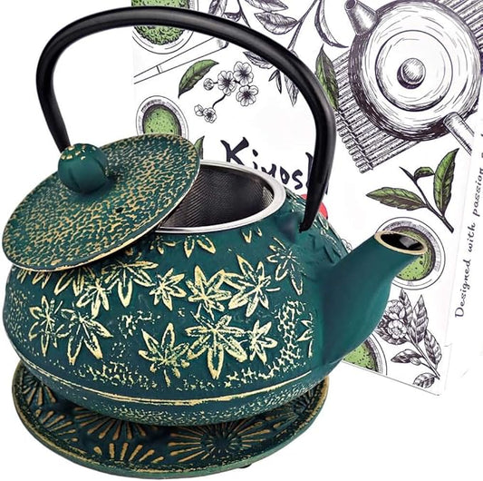 Large Japanese Cast Iron Teapot Capacity 40Oz with Trivet and Loose Leaf Tea Infuser, Cast Iron Tea Kettle Stovetop Safe. Tetsubin Coated with Enamel Interior - Green Teapot