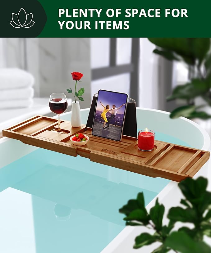 ROYAL CRAFT WOOD Premium Foldable Bathtub Tray - Wood Bath Tray for Tub, Bamboo Shelf, Expandable Bath Table Trays, Bathtub & Bathroom Accessories for New Home Gifts for Mom - Bloomnest