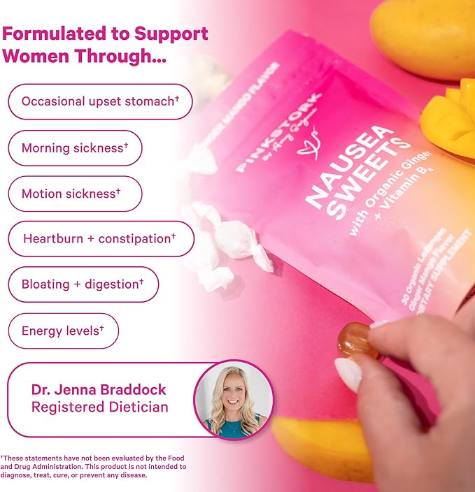 Pink Stork Organic Mango Sweets with Vitamin B6 for Morning Sickness and Motion Sickness, Added Ginger & Vitamin B6, 1st Trimester Pregnancy Must Haves - 30 Wrapped Candies - Bloomnest
