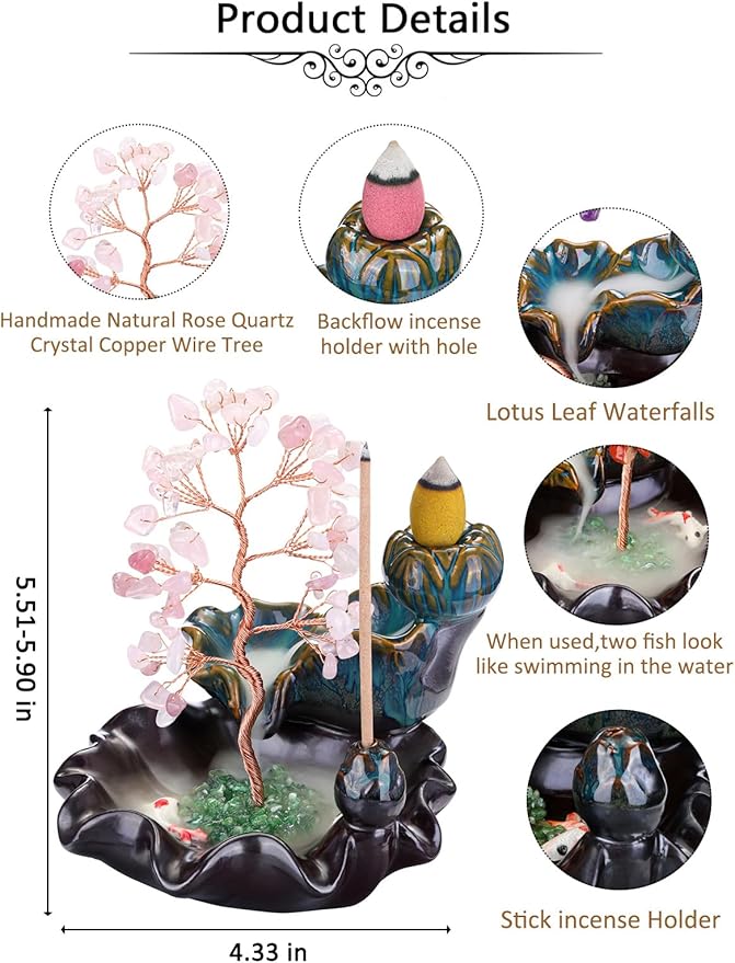 Jovivi Backflow Incense Burner Ceramic Incense Waterfall, Natural Rose Quartz Healing Crystal Money Tree Incense Holder for Wealth, Good Luck, Yoga Meditation, Home Decor - Bloomnest