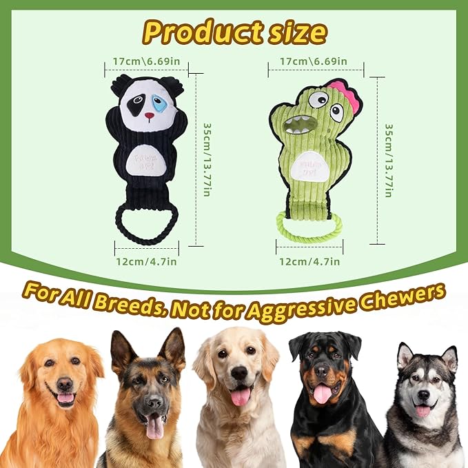 2-Pack Squeaky Dog Toys & Tough Tug of War Set - No Stuffing Chew-Resistant Plush Toys to Keep Them Busy, Best Birthday Gift for Small/Medium/Large Breeds (Panda & Dino) - Bloomnest