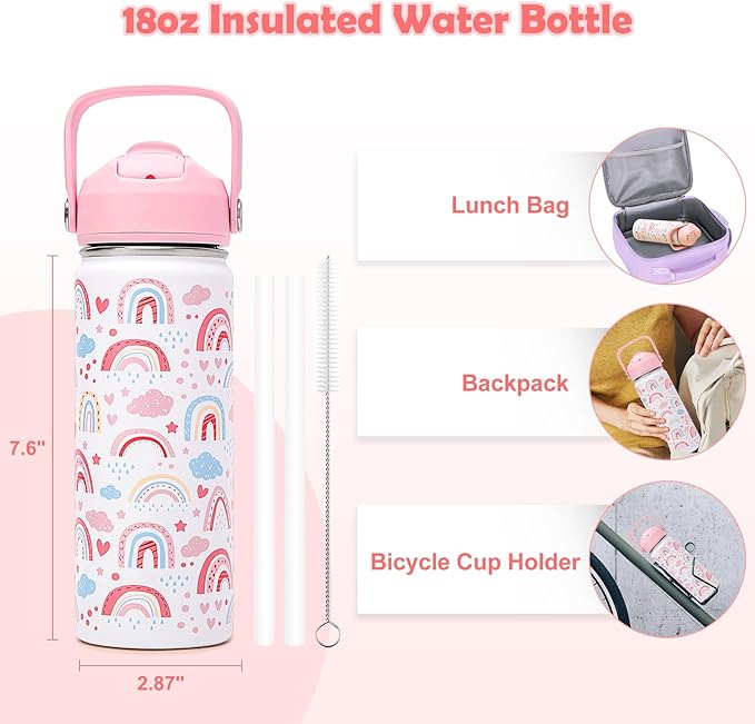 18oz Kids Insulated Water Bottle with Straw Lid - 18/8 Stainless Steel Kid Cup BPA-FREE Travel Tumbler Double Wall Vacuum Leak Proof Portable Toddler Water Bottle(Rainbow) - Bloomnest
