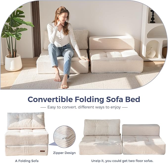 MAXYOYO Folding Sofa Bed, Convertible Sofa Bed with High-Density Support Foam, Portable 4 in 1 Fold Out Chair to Floor Lounger, Versatile Floor Couch for Living Room Bedroom, Beige - Bloomnest