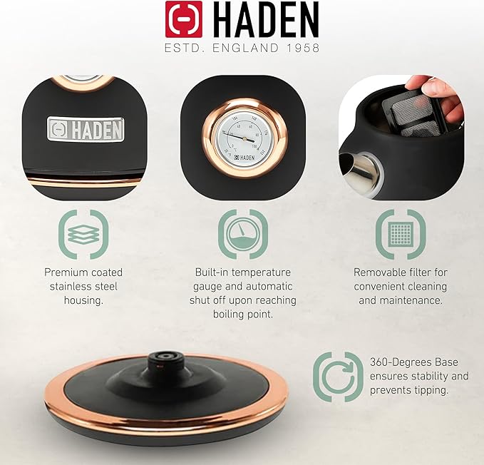 Haden Dorset 1.7 Liter Stainless Steel Electric Kettle, Hot Water Kettle with 360-Degree Base and Auto Shutoff, Black & Copper - Bloomnest