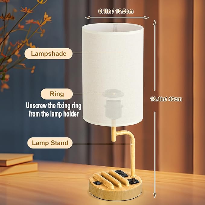 Dreamholder Table Lamp with 3 USB Charging Ports, Modern Desk Lamp with AC Outlet and Phone Stands, Perfect Bedside Lamp for Bedroom, Living Room, Office (Pack of 2) - Bloomnest