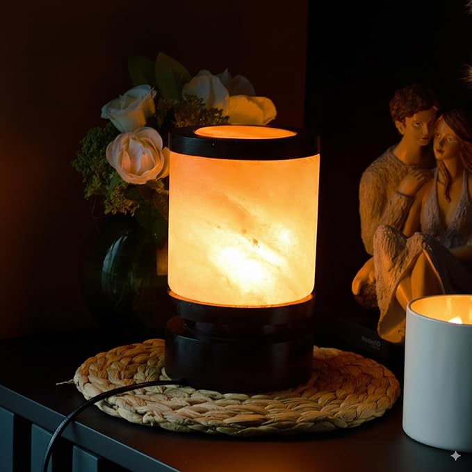 POHS Himalayan Pink Salt Round Lamp with Premium Black Polished Wooden Base, 60'' Long Dimmer Switch Cord and Two Light Bulbs; Hand Crafted,for Home, Office and Gift for Christmas