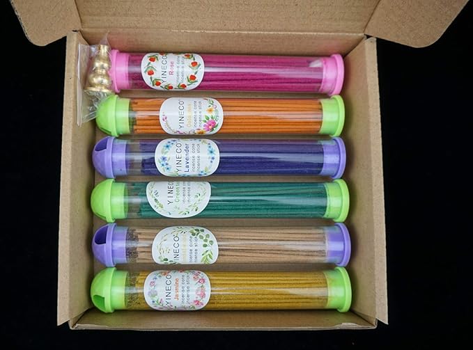 300PCS Incense Sticks Lavender Rose Jasmine Sandalwood Green Tea Colognes 6 Popular Incense Flavors Great for Aromatherapy(Colorful) YINECO