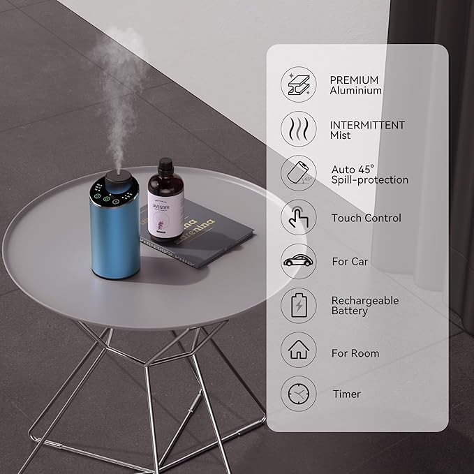 Waterless Essential Oil Diffuser Scent Aromatherapy Diffusers for Home Large Room, Car, Office, Portable Battery Operated Cordless Air Freshener, 4 Timers & 3 Mist Levels, 100ml Capacity (Blue) - Bloomnest