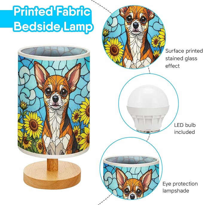 Chihuahua Table Lamp LED 3-Color Pressed Bedside, Dog Shade Lamp with Wood Base for Bedroom Living Room Desk Office - Bloomnest