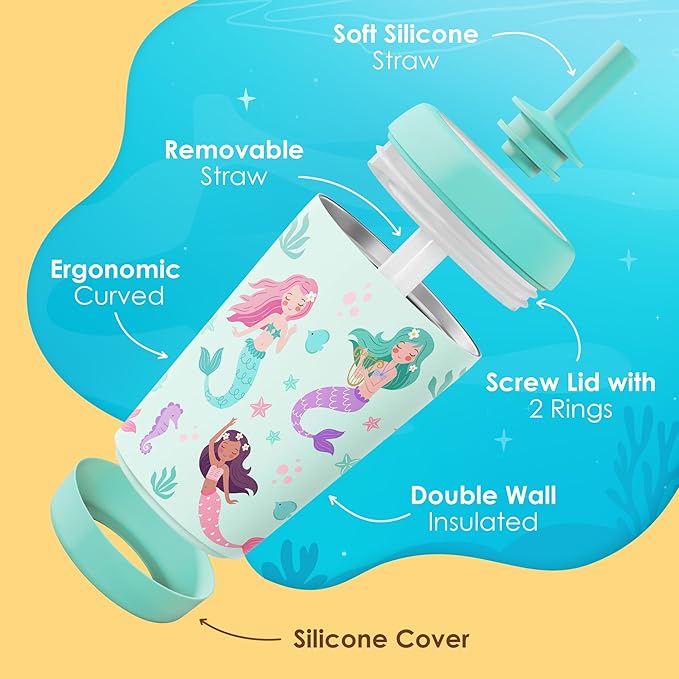 Kid Insulated Stainless Steel Tumbler with Silicone Straw, 12oz Sippy Cup for Kids (Magical Mermaids) - Bloomnest