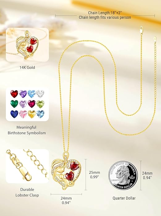 14K Gold Double Birthstone Heart Necklace for Women Mom, Mother Son/Daughter Pendant Necklace for Christmas Mother's Day Birthday Gifts for Wife Daughter Grandmom - Bloomnest
