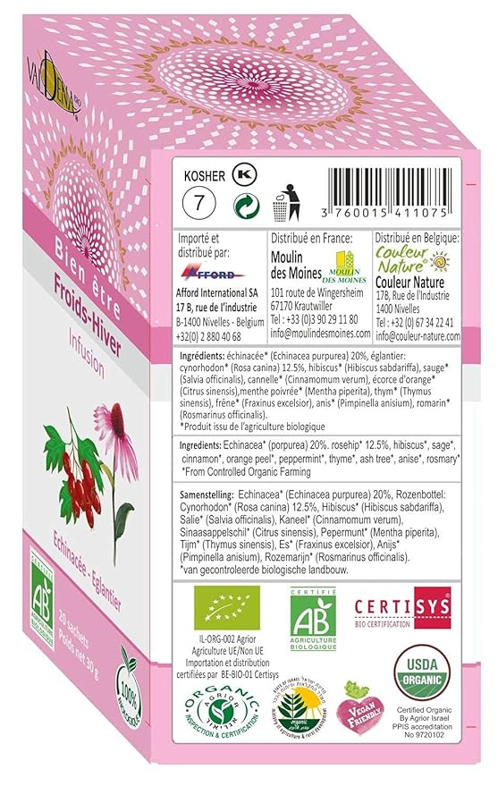 Valdena Bio Organic Echinacea Rosehip Herbal Tea Infusion (Pack of 3, total of 60 individually wrapped Tea Bags) Immunity boost, Immune support, Wellness tea, Kosher, Non-GMO - Bloomnest