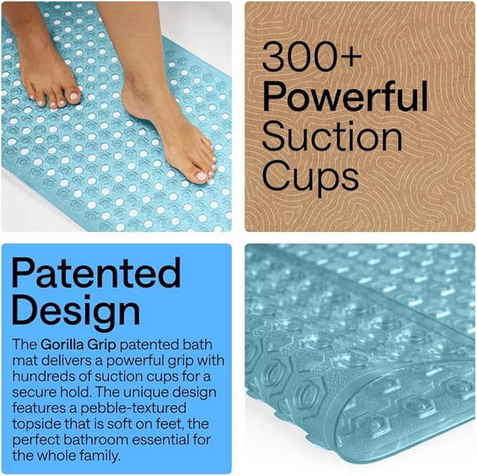 GORILLA GRIP Patented Bath Tub Shower Mat, Machine Washable Bathtub Floor Liner Mats, Suction Cups and Drain Holes to Keep Tubs Clean, Soft on Feet, Bathroom Essentials, 35x16 Inch, Clear Turquoise - Bloomnest