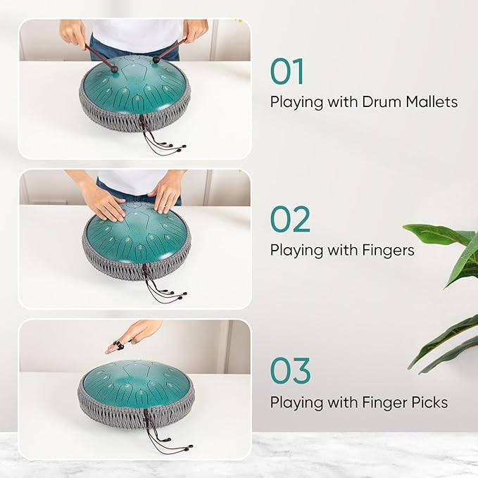 Steel Tongue Drum 12 Inch 15 Notes: Handpan Drums Set with Music Book Mallets Carry Bag - Hand Pan Instrument for Adults Musical Education Meditation Yoga Chakra (Green)