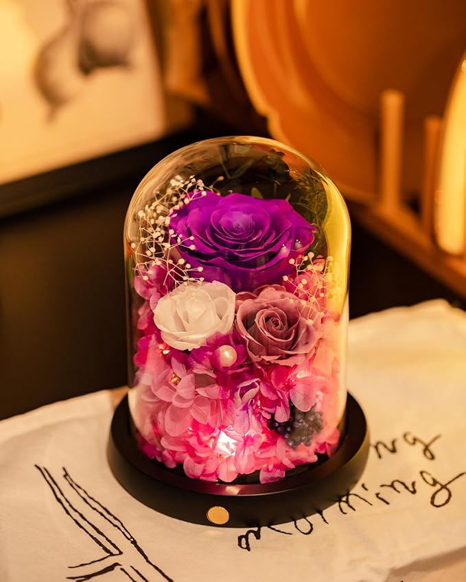 FIACO Gifts for Women Preserved Rose Forever Flower in Glass Dome Fresh Flowers for Delivery Prime Mothers Day Birthday Gifts for Mom Grandma Wife Sister Purple Roses - Bloomnest