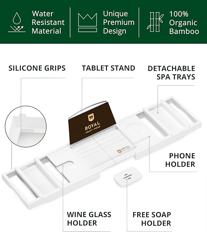 ROYAL CRAFT WOOD Premium Foldable Bathtub Tray - Wood Bath Tray for Tub, Bamboo Shelf, Expandable Bath Table Trays, Bathtub & Bathroom Accessories for New Home & Mothers Day & Birthday Gifts for Mom - Bloomnest