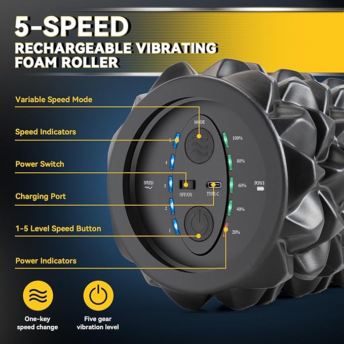 Vibrating Foam Roller, High Density Massage Muscle Roller Back Roller Foam for Back Pain Relief & Muscle Recovery and Physical Therapy, 5-Speed Rechargeable Exercise Roller, 2 Modes - Bloomnest